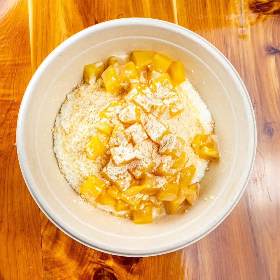 A close-up of a Pokefit mango dessert bowl with shaved ice, diced mango, and powder.
